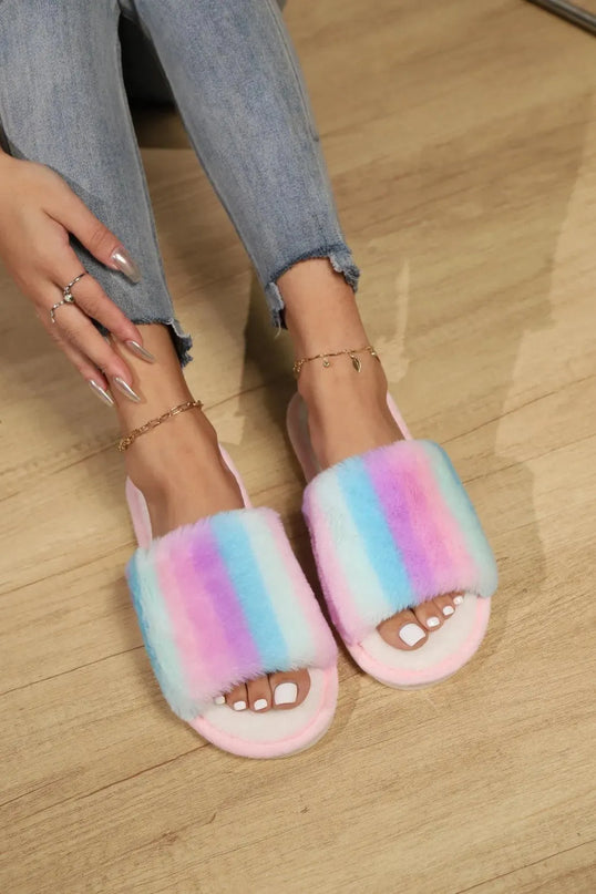 Faux Fur Color Block Open Toe PVC Slides