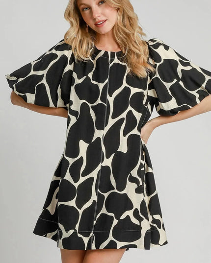 Umgee Full Size Two Tone Abstract Print Puff Sleeve Dress Plus Size