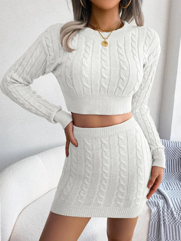 Cable-Knit Sweater Dress Set with Round Neck Top and Skirt