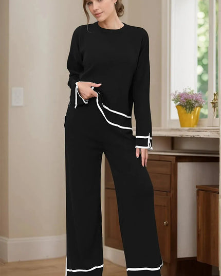 Cozy High-Low Sweater Set with Round Neck and Pants