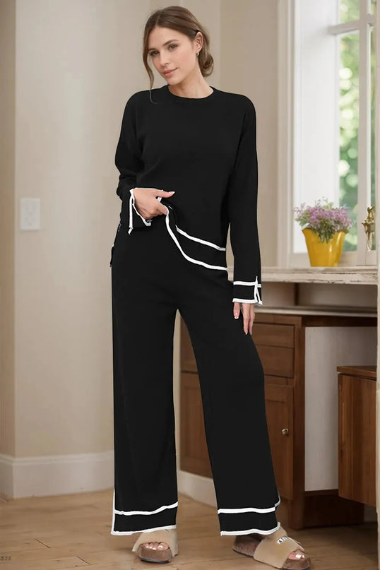 Cozy High-Low Sweater Set with Round Neck and Pants