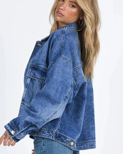 Collared Neck Button Up Denim Jacket - ShopEasier