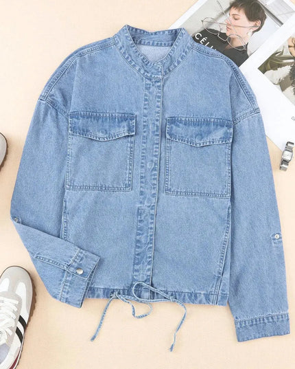 Drawstring Snap Down Denim Jacket with Chest Pockets - ShopEasier