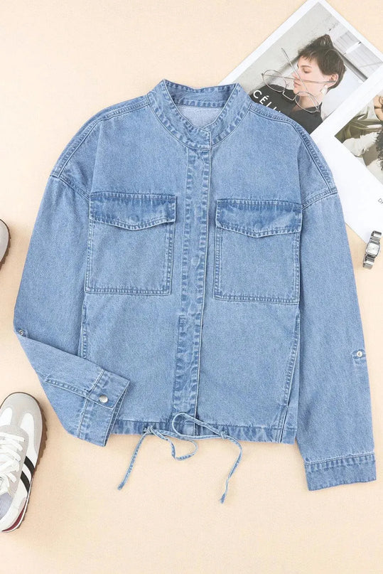 Drawstring Snap Down Denim Jacket with Chest Pockets - ShopEasier