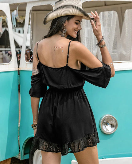 Lace Detail Cold Shoulder Romper - ShopEasier