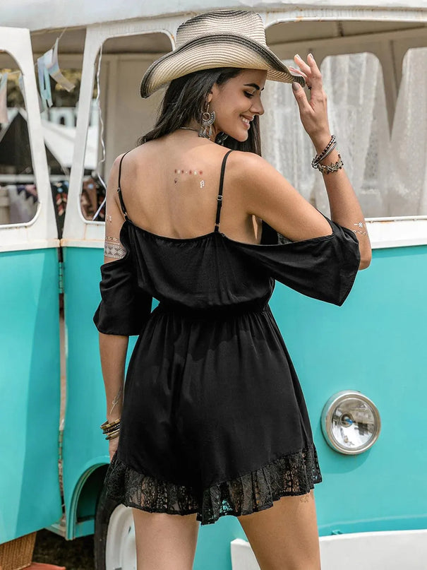 Lace Detail Cold Shoulder Romper - ShopEasier