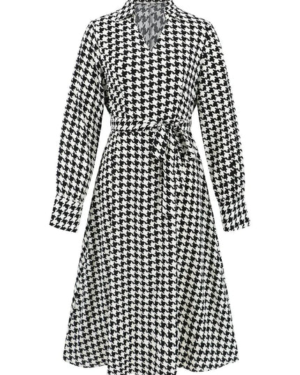 Tied Houndstooth Long Sleeve Midi Dress