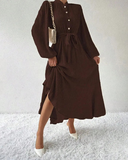 Half Button Tie Waist Long Sleeve Maxi Dress