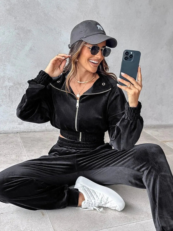 Zip Up Long Sleeve Cropped Top and Joggers Set - ShopEasier