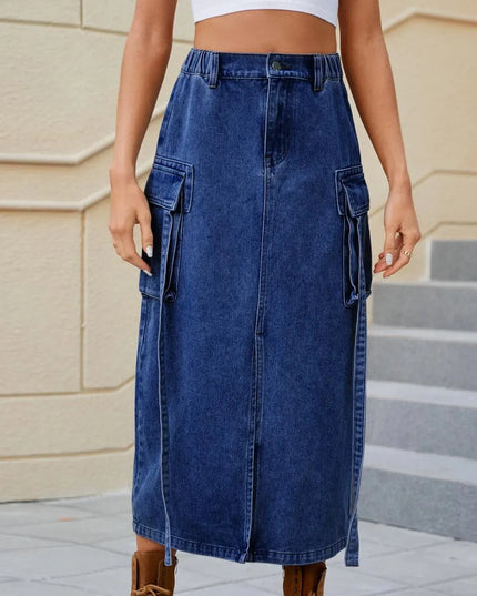 High-Waisted Denim Skirt with Slit Pockets