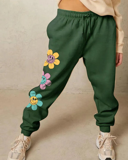 Cozy Floral Graphic Long Sweatpants with Drawstring