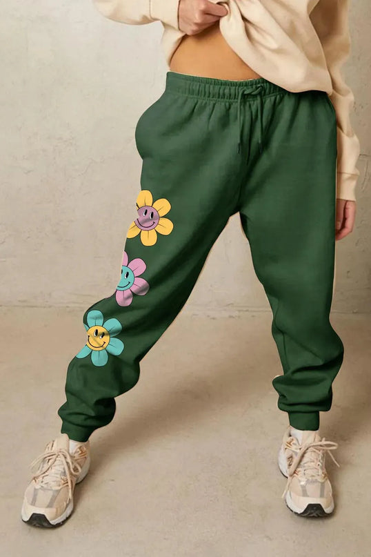 Cozy Floral Graphic Long Sweatpants with Drawstring