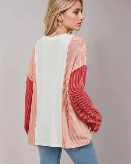 Textured Contrast Long Sleeve Round Neck Tee