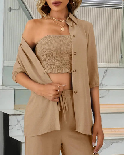 Three-Piece Smocked Crop Top, Button-Up Shirt, and Drawstring Trousers Set