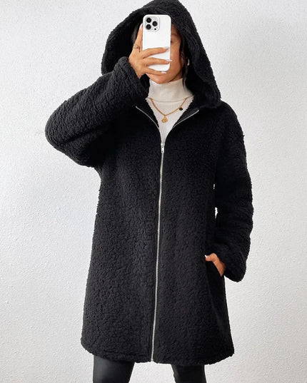 Zip Up Long Sleeve Sherpa Hooded Coat - ShopEasier