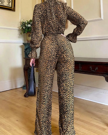 Leopard Flounce Sleeve Wide Leg Jumpsuit - ShopEasier