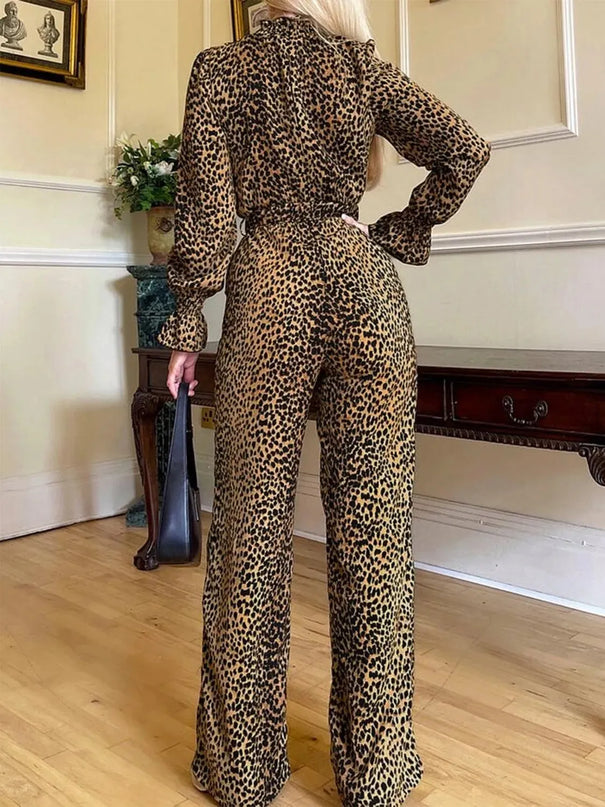 Leopard Flounce Sleeve Wide Leg Jumpsuit - ShopEasier