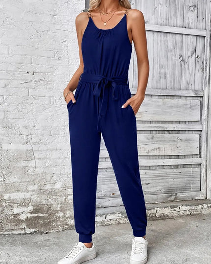 Scoop Neck Tie Waist Jumpsuit - ShopEasier