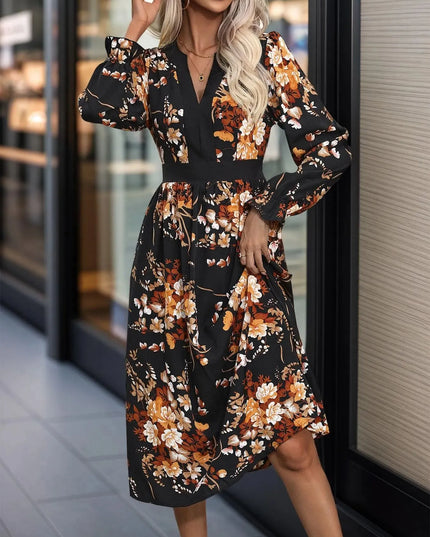 Perfee Printed Notched Long Sleeve Midi Dress - ShopEasier