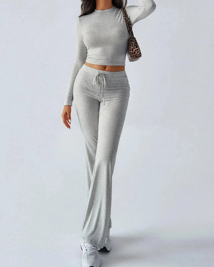 Elegant Long Sleeve Top with Drawstring Trousers Set