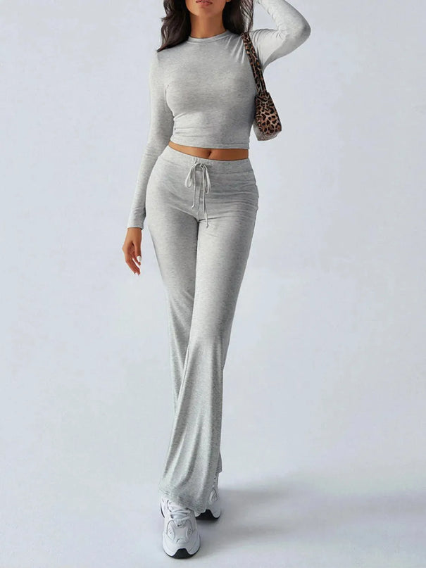 Elegant Long Sleeve Top with Drawstring Trousers Set