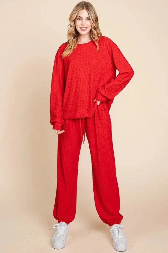 Chic Crinkle Check Relaxed Fit Top and Pants Lounge Set