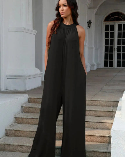 Double Take Full Size Tie Back Cutout Sleeveless Jumpsuit - ShopEasier