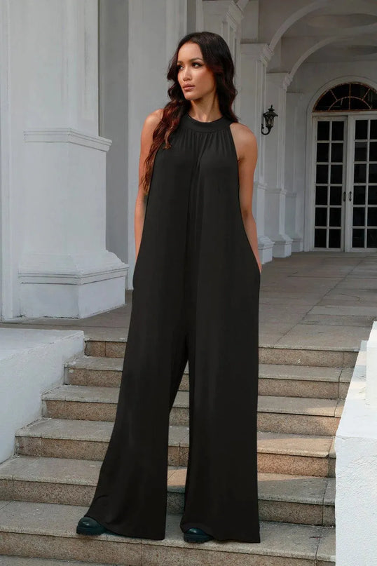 Double Take Full Size Tie Back Cutout Sleeveless Jumpsuit - ShopEasier