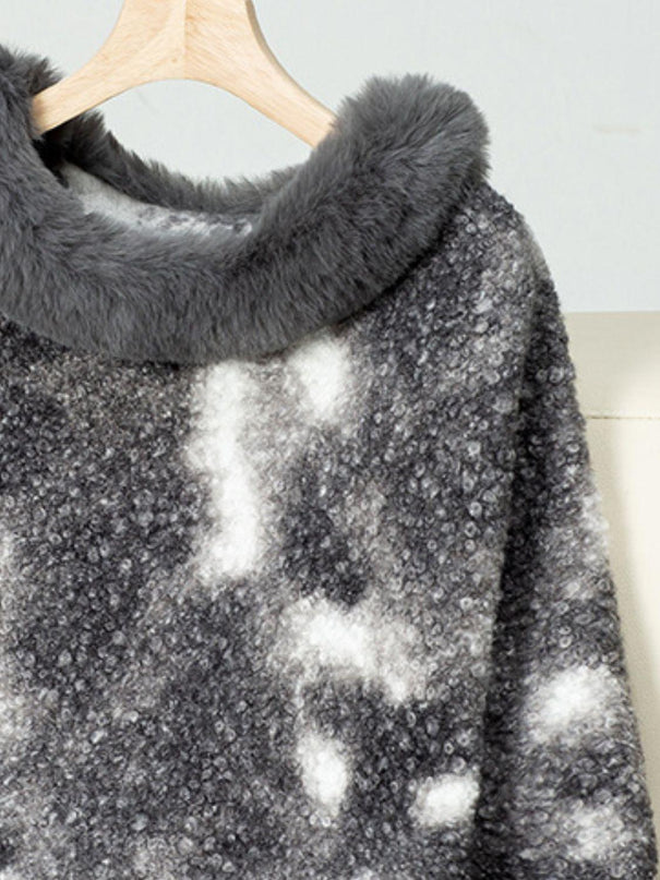 Furry Contrast Three-Quarter Poncho - ShopEasier