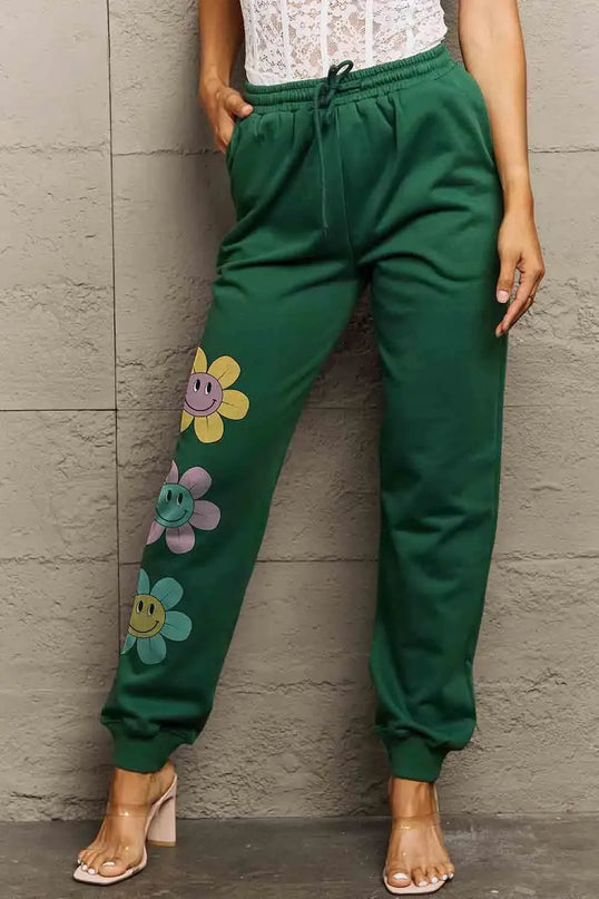 Cozy Floral Graphic Long Sweatpants with Drawstring