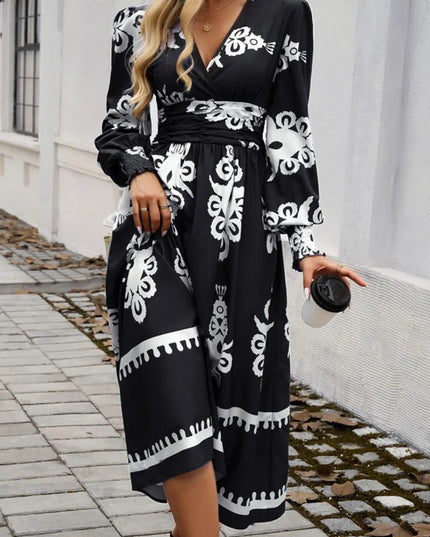 Devine Printed Surplice Lantern Sleeve Midi Dress