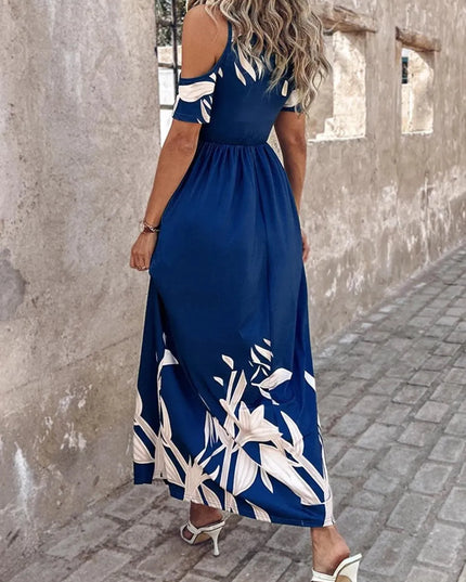 Printed Cold Shoulder Short Sleeve Maxi Dress