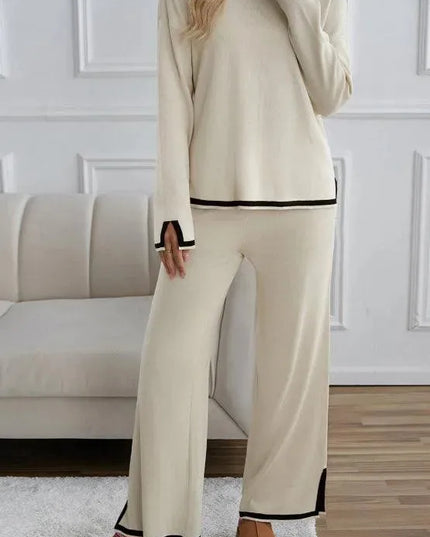 Two-Piece Contrast Trim Sweater Set with Round Neck Top and Pants