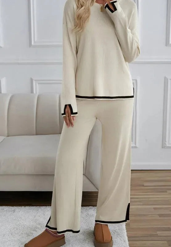 Two-Piece Contrast Trim Sweater Set with Round Neck Top and Pants