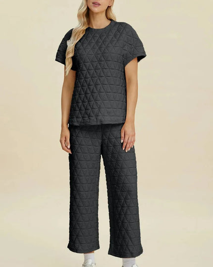 Versatile Duo: Textured Short Sleeve Top and Pants Set