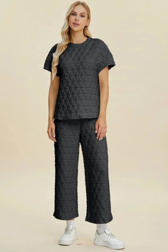 Versatile Duo: Textured Short Sleeve Top and Pants Set