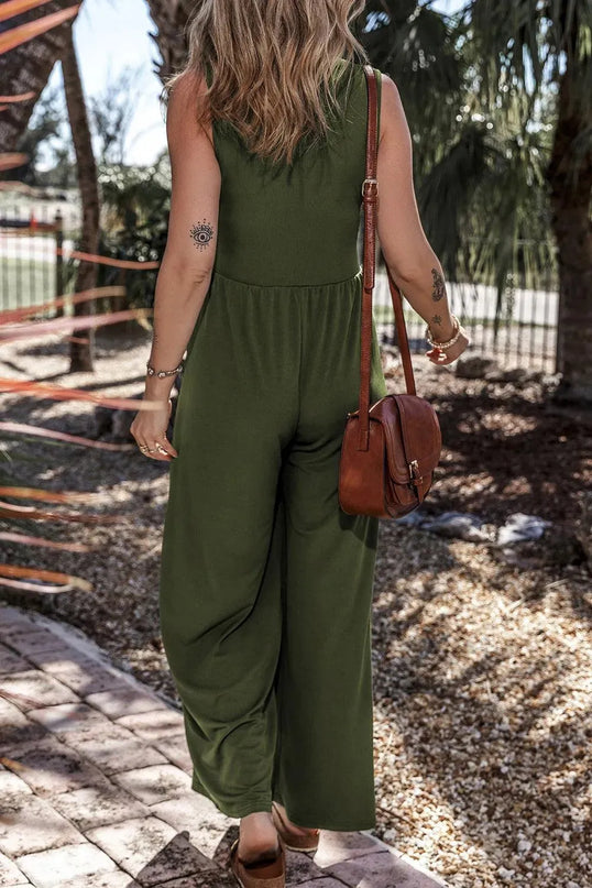 V-Neck Sleeveless Wide Leg Jumpsuit - ShopEasier