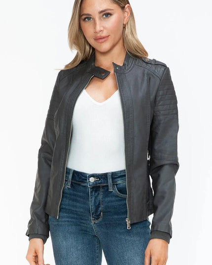 Snobbish PU Leather Biker Jacket with Side Zip Pockets - ShopEasier