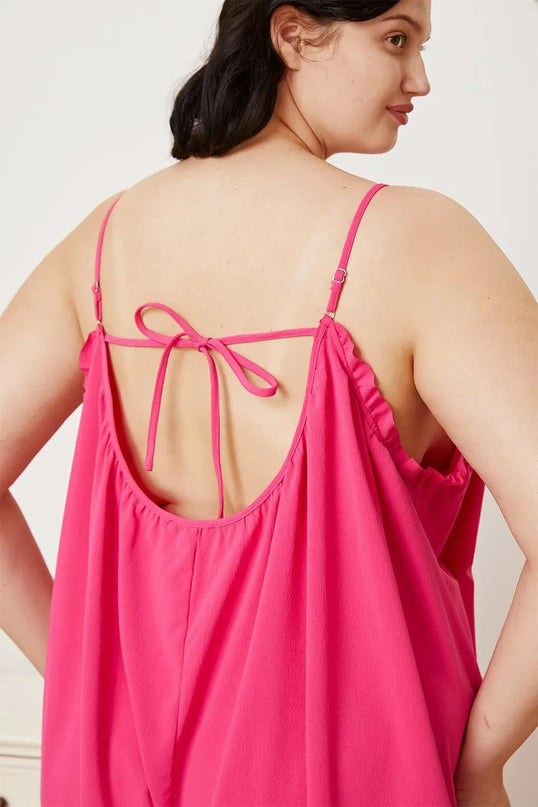 Double Take Full Size Ruffle Trim Tie Back Cami Jumpsuit with Pockets - ShopEasier