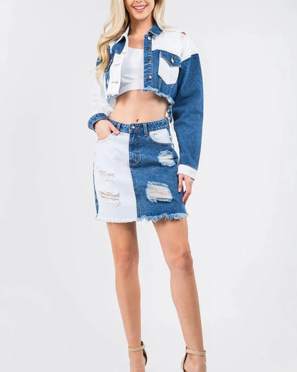 Edgy Contrast Patchwork Frayed Denim Distressed Skirt