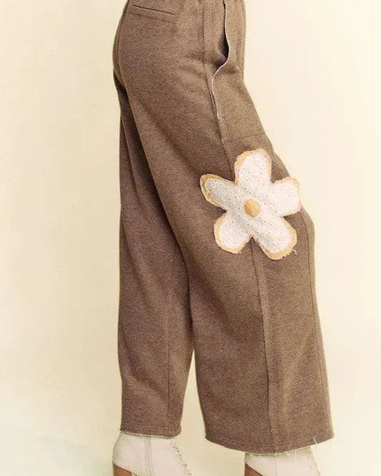 Davi & Dani Flower Patch Elastic Waist Wide Leg Pants