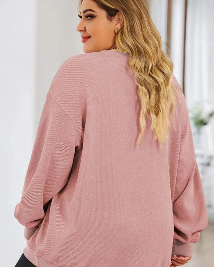 Plus Size Heart Ribbed Round Neck Sweatshirt - ShopEasier