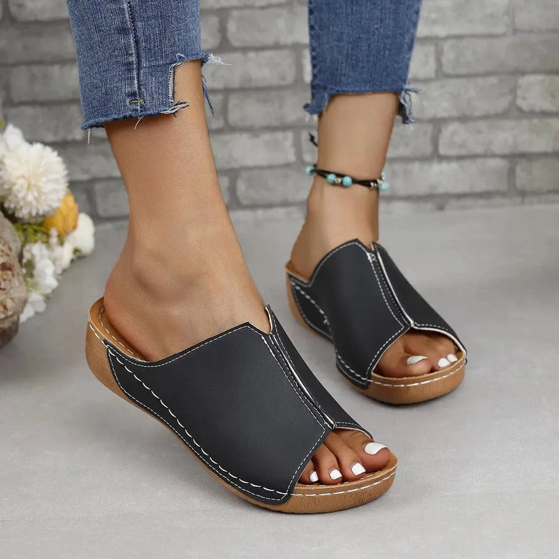 Stylish PU Leather Open-Toe Low Heel Sandals