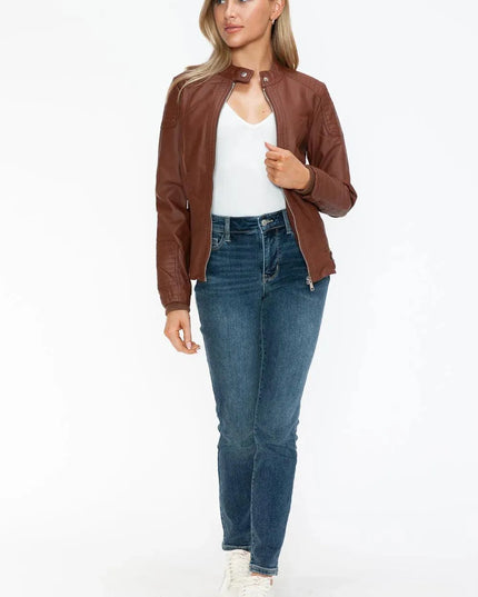 Snobbish Faux Leather Biker Jacket with Side Zip Pockets - ShopEasier