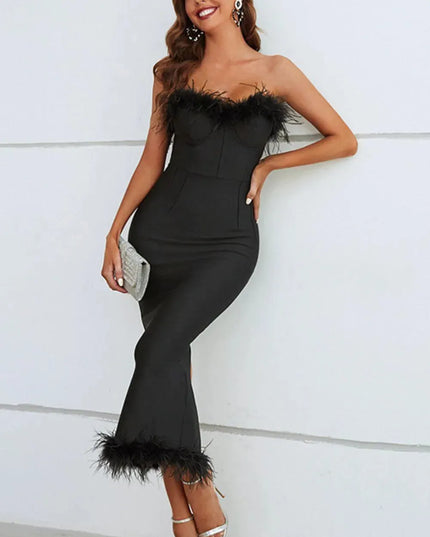 Feather Trim Strapless Sweetheart Neck Dress