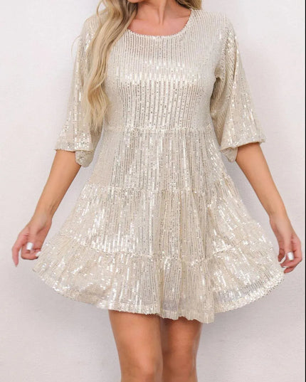 Sequin Round Neck Half Sleeve Mini Dress