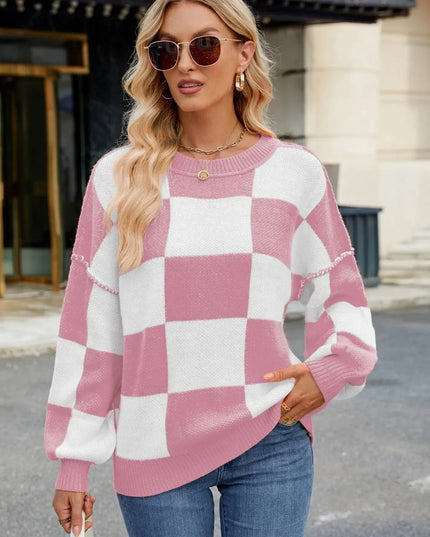 Checkered Round Neck Long Sleeve Sweater - ShopEasier