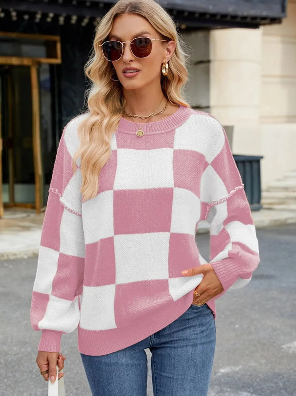 Checkered Round Neck Long Sleeve Sweater - ShopEasier