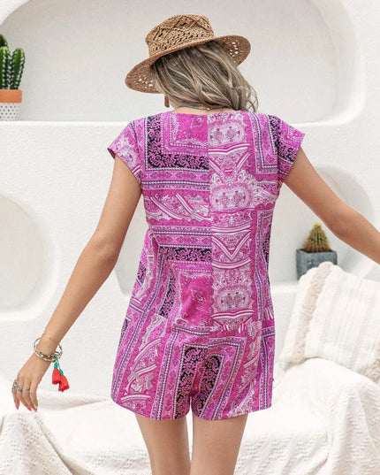 Printed V-Neck Cap Sleeve Romper - ShopEasier