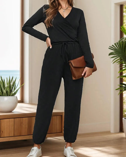 Surplice Tie Waist Long Sleeve Jumpsuit - ShopEasier